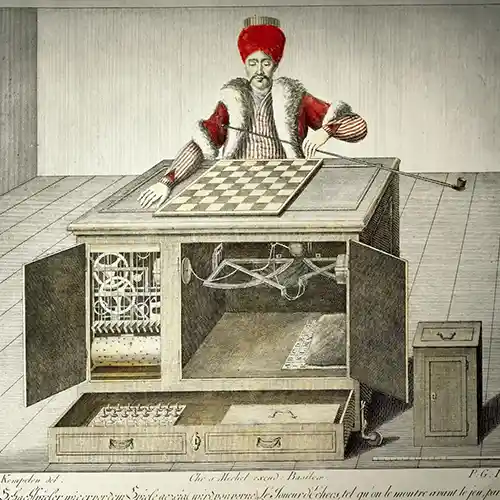 The Mechanical Turk amazed audiences in 1770 by defeating players, later revealed as human-controlled.