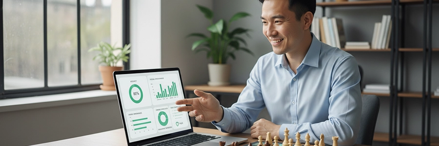 Parents and students get detailed monthly updates on accuracy, tactics, openings, and game skills.