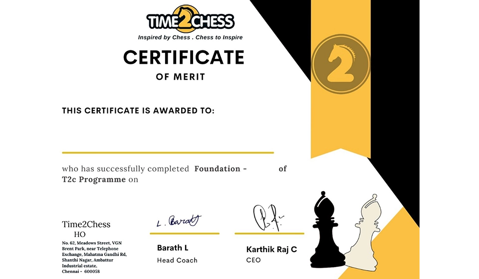 Receive an e-certificate after successfully completing each chess course level.